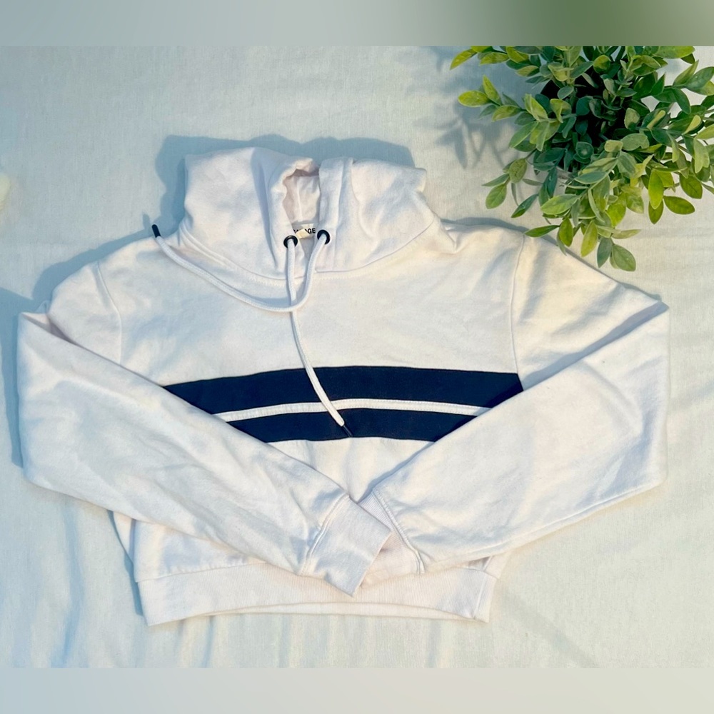 Garage White Cropped Hoodie with Navy Stripes